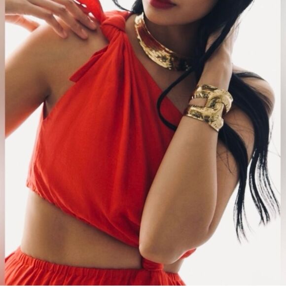 NEW FARM Rio Red Midi Knot Dress Linen Cutout Elastic Waist Asymmetrical Size XL - Picture 4 of 13